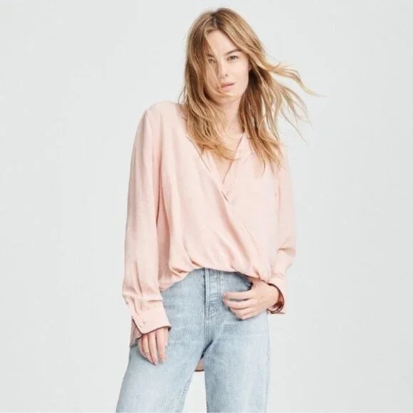 rag & bone Dean Drape Front Blouse Shirt S Dusty Rose Twist Faux Wrap - Picture 3 of 13